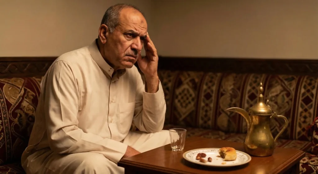 رجل يبدو متعبًا يمسك رأسه في مجلس رمضاني بجوار دلة وفنجان، يوضح تأثير توقيت قهوة بعد الفطار على الصداع والانزعاج.