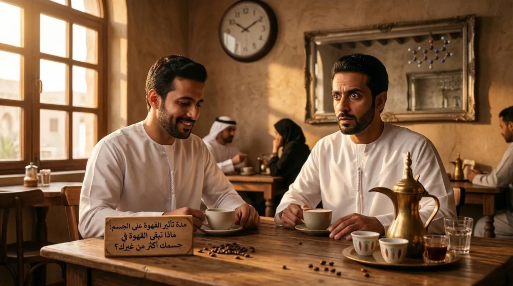 رجلان يشربان القهوة في مقهى مع دلة وفناجين ولوحة تشرح اختلاف مدة تاثير القهوة على الجسم من شخص لآخر حسب الاستجابة للكافيين.