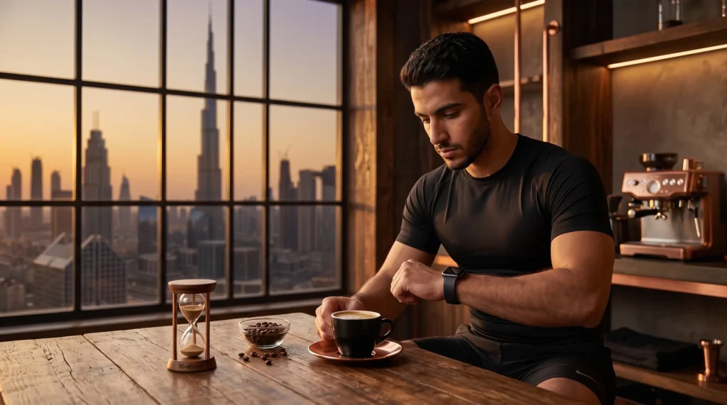 رياضي يجلس قبل التمرين يشرب قهوة سوداء، مشهد يوضح توقيت افضل قهوة قبل التمرين لزيادة الطاقة والتركيز.