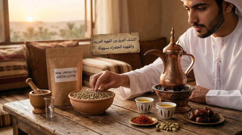 مقارنة بين دلة القهوة العربية وحبوب القهوة الخضراء غير المحمصة على طاولة مع تمر، توضح الفرق بين القهوه العربيه والقهوه الخضراء في التحميص والمكونات.
