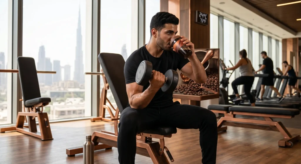 شرب القهوة أثناء التمرين: رجل يرفع دمبل ويشرب قهوة في صالة رياضية، مع أجهزة كارديو في الخلفية.