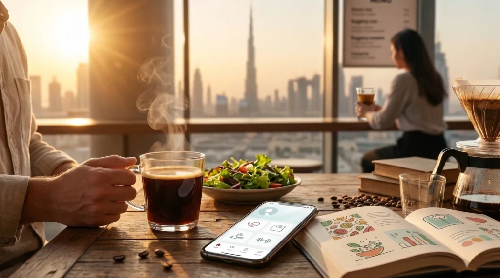 كوب قهوة أمريكية سوداء بجوار طبق سلطة في مقهى مع أدوات تحضير فلتر، مشهد يوضح فوائد القهوة الأمريكية للتخسيس ضمن نمط صحي.