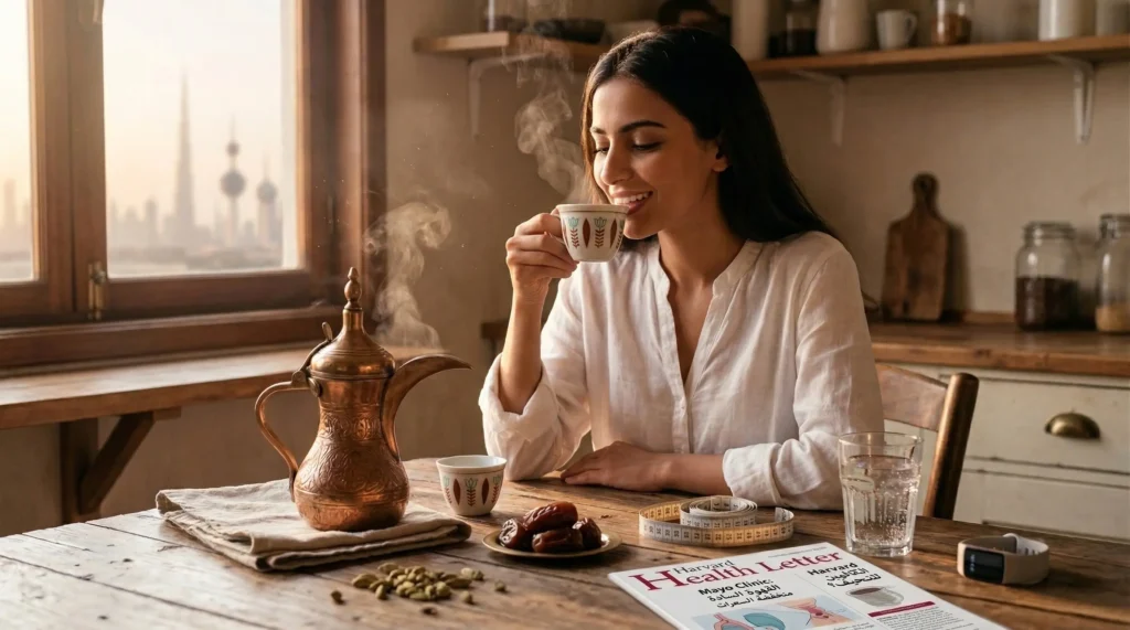 امرأة تشرب القهوة السعودية بجوار دلة وتمور وهيل وشريط قياس، مشهد يوضح فوائد القهوة السعودية للتنحيف عند تناولها بدون سكر.