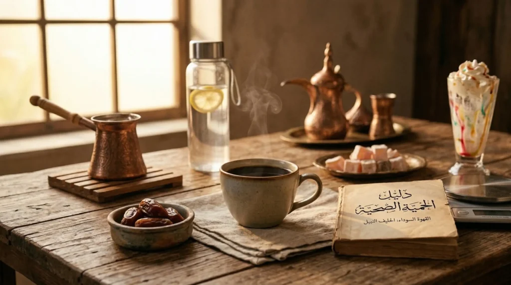فنجان قهوة سوداء على طاولة مع تمر وزجاجة ماء وحلويات وسكريات في الخلفية، يوضح فوائد القهوة السوداء للرجيم عند تجنب الإضافات.