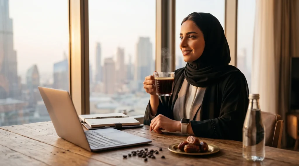 فوائد القهوة السوداء للنساء: سيدة تعمل على اللابتوب وتشرب قهوة سوداء بجانب تمر وحبوب قهوة وماء أمام نافذة مطلة على المدينة.