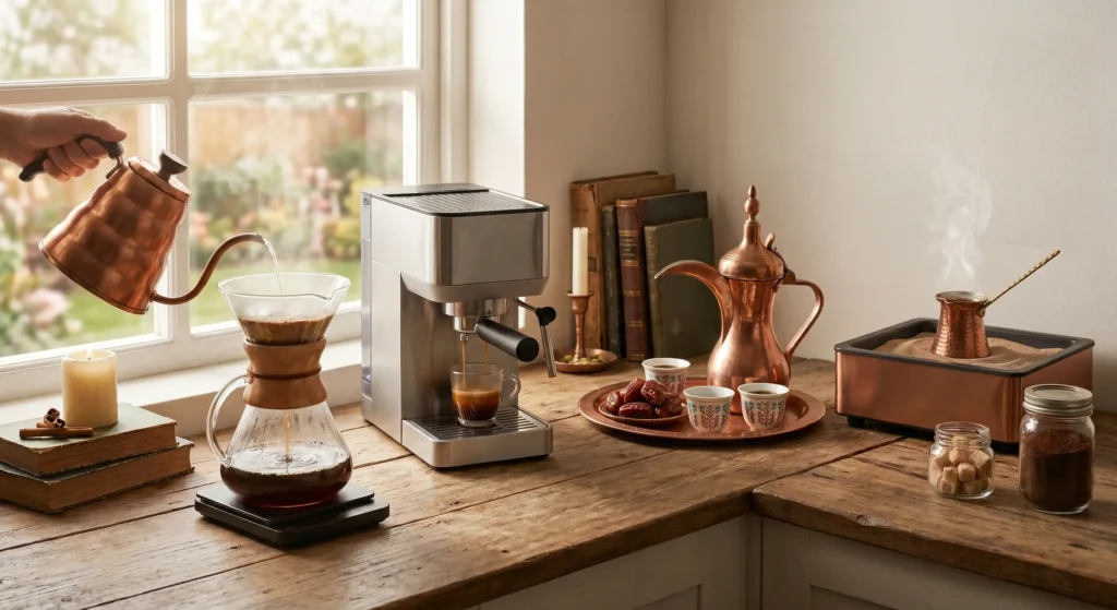 افضل طريقة لشرب القهوة: التقطير V60 مع ماكينة إسبريسو ودلة عربية وركوة على الرمل على طاولة تحضير واحدة.