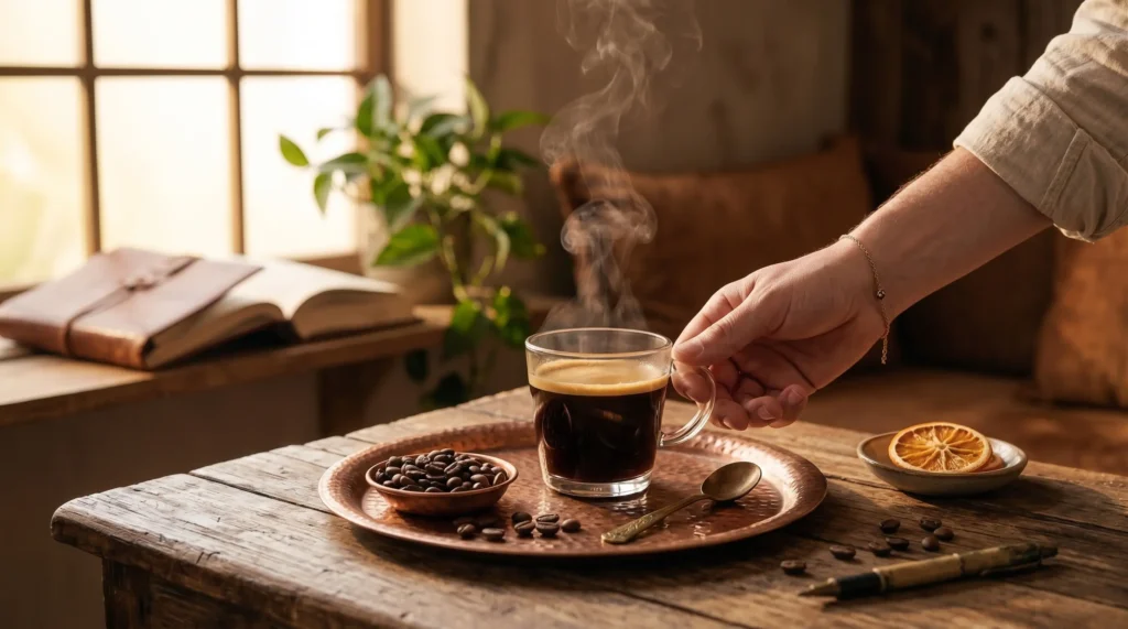 الفرق بين القهوة السوداء والاسبريسو: فنجان قهوة سوداء مع حبوب البن على صينية خشبية وإضاءة صباحية.