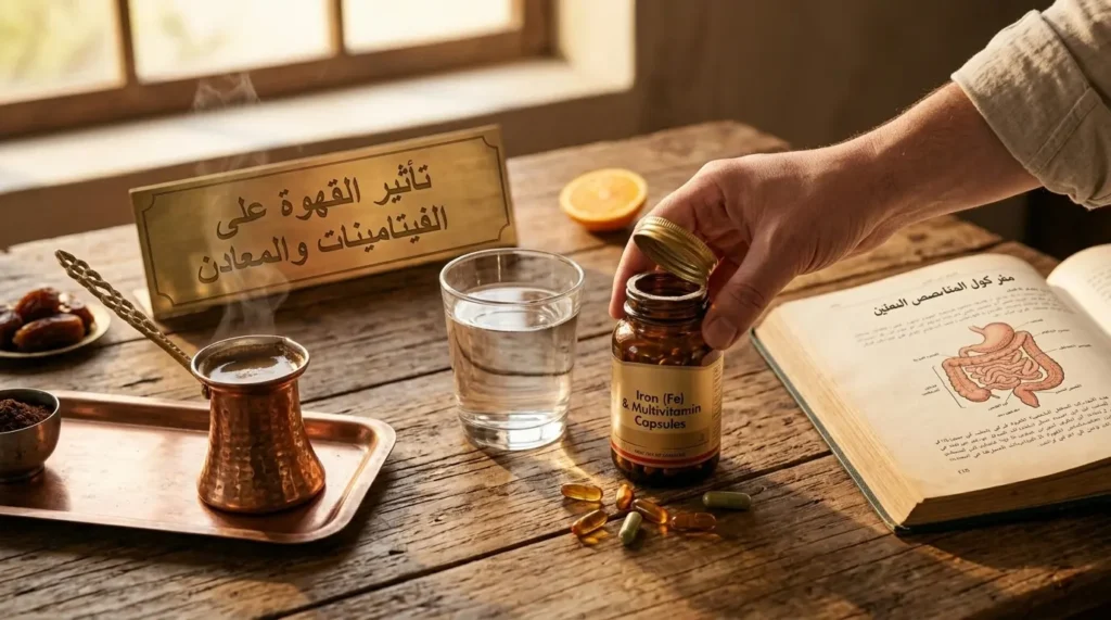 تأثير القهوة على الفيتامينات: قهوة ساخنة بجوار مكملات الحديد وكوب ماء وكتاب عن الهضم على طاولة خشبية.