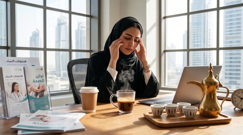امرأة تعمل وتشعر بصداع بجانب فنجان قهوة وأدوات قهوة عربية ومطبوعات عن صحة النساء؛ تأثير القهوة على الهرمونات.