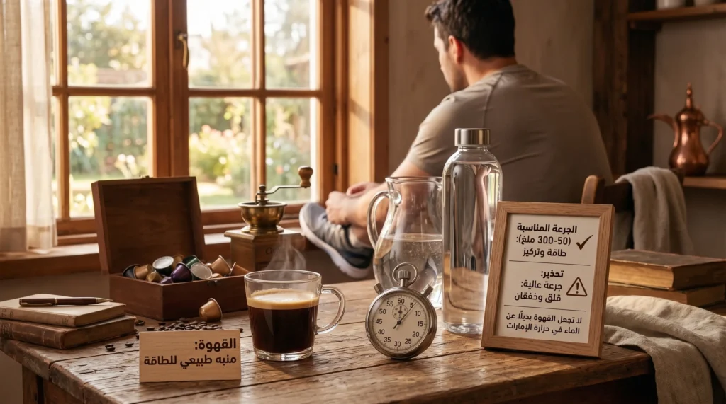 شرب القهوة قبل الجيم مع كوب قهوة وبطاقة توضح الجرعة المناسبة وماء ومؤقت على طاولة بجانب نافذة