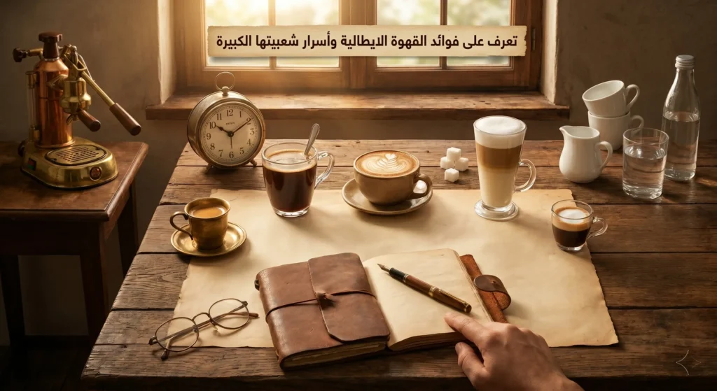 طاولة قهوة تضم إسبريسو وكابتشينو ولاتيه مع آلة إسبريسو ودفتر؛ مشهد يوضح فوائد القهوة الايطالية وأسرارها.