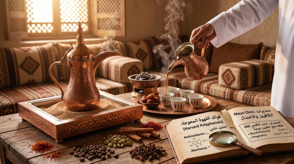 فوائد القهوه المحوجه: دلة قهوة عربية محوجة مع هيل وقرفة وزعفران تُصب في فناجين بجانب تمر على طاولة مجلس.