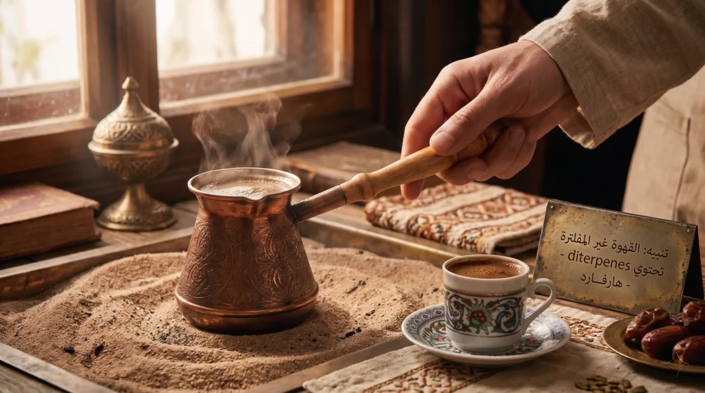 فوائد شرب القهوة التركية: ركوة نحاسية على الرمل تحضّر قهوة ساخنة بجانب فنجان مزخرف وتمور في أجواء شرقية.