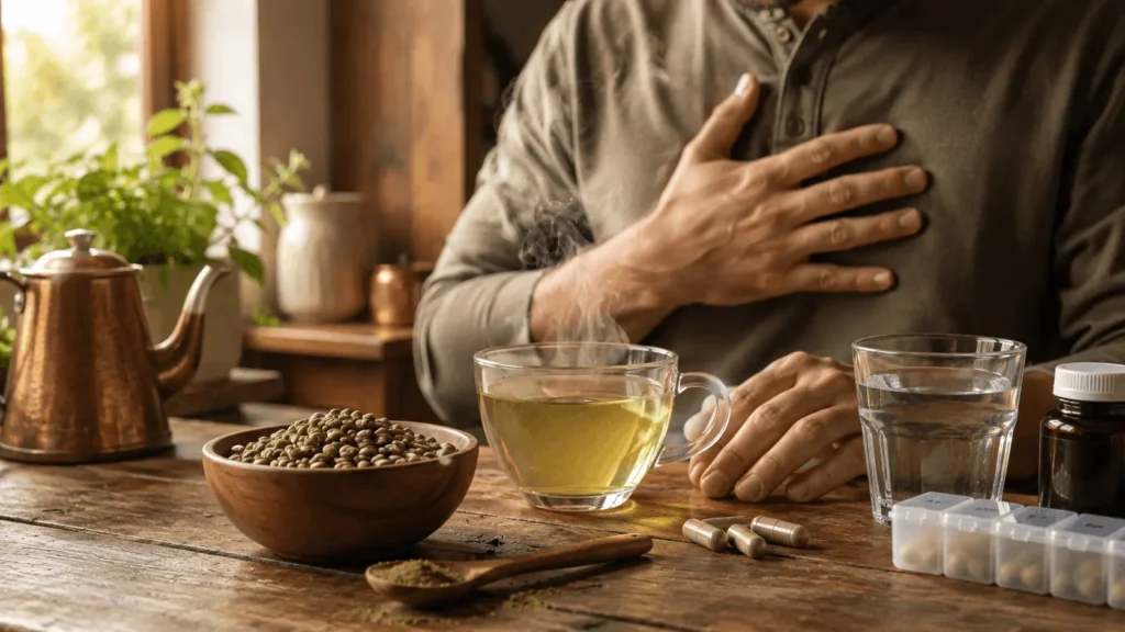 رجل يشعر بانزعاج في الصدر بجانب كوب قهوة خضراء ومكملات يوضح الاثار الجانبية للقهوة الخضراء